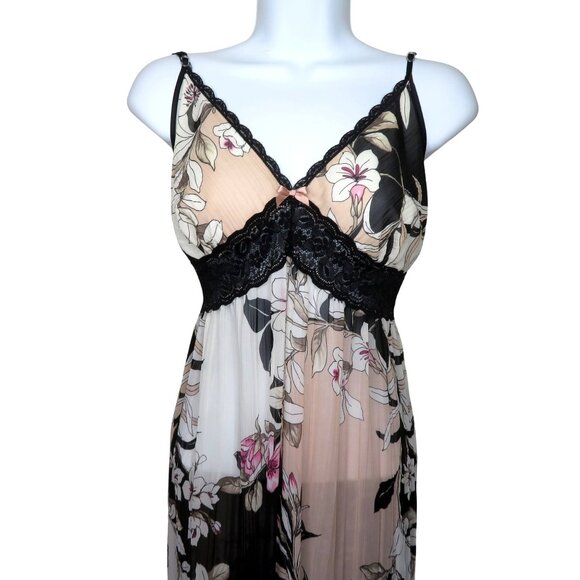 Linea Donatella Floral Chiffon Nightgown & Robe Set Lace Trim Black/Pink Medium - Picture 2 of 12